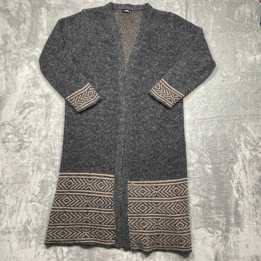 GeeGee Cardigan Sweater Women M/L Gray Longline Tribal Open Front Duster